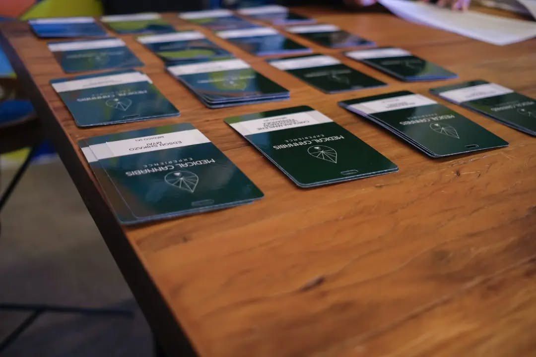 Crachás verdes da Medical Cannabis Experience enfileirados sobre uma mesa de madeira